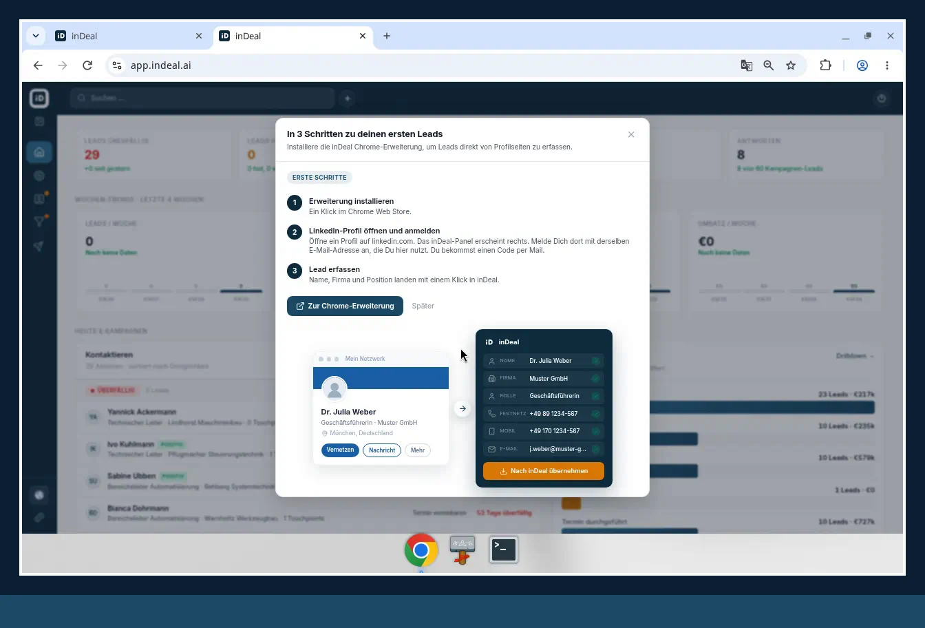 Screenshot of the inDeal Chrome extension on a contact profile