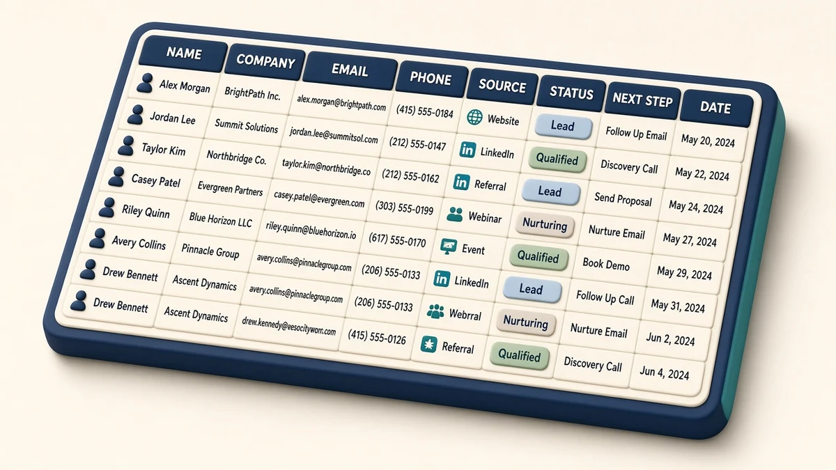 Eight columns: name, company, email, phone, source, status, next step, due date