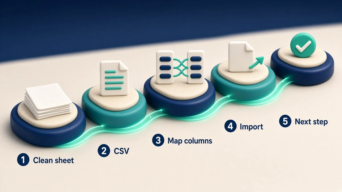 Timeline: clean sheet → CSV → map columns → import → set next step