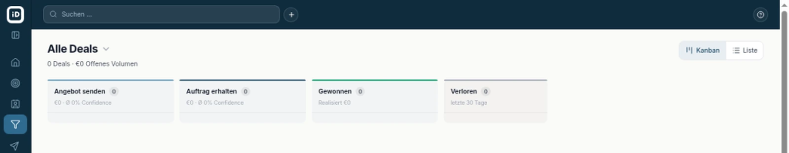 Screenshot der inDeal-Deal-Pipeline mit den Spalten Angebot senden, Auftrag erhalten, Gewonnen und Verloren