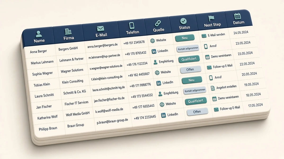 Acht Spalten: Name, Firma, E-Mail, Telefon, Quelle, Status, Next Step, Datum