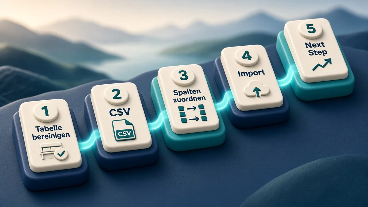 Timeline: Tabelle bereinigen → CSV → Spalten zuordnen → Import → Next Step